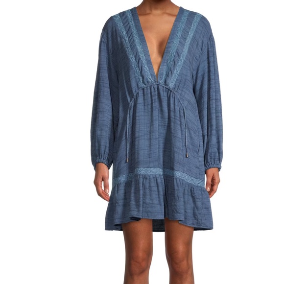 Free People Dresses & Skirts - Free People Drawstring Waist Deep V-neck Long Boho Cottagecore XS Swing Dress